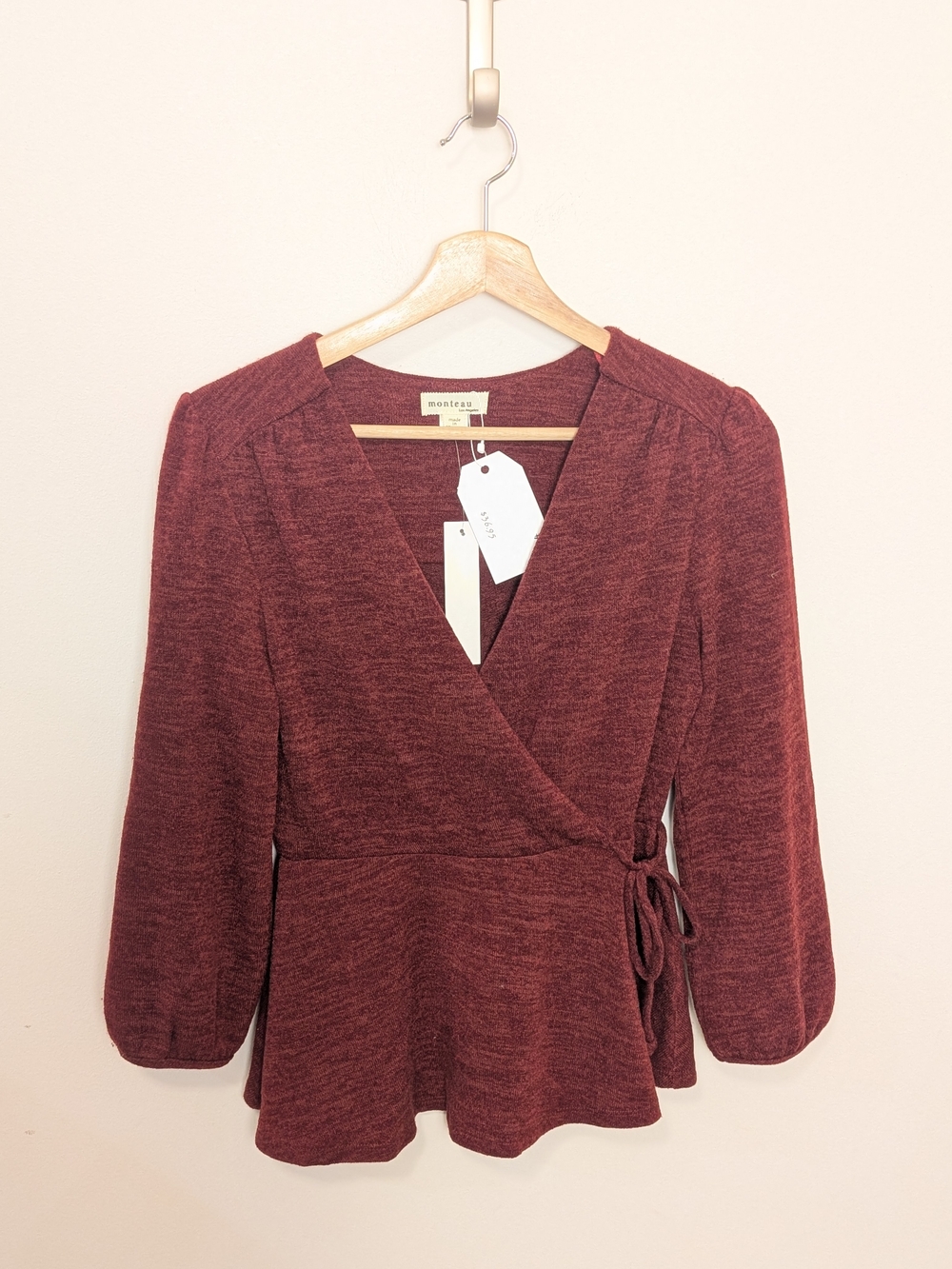 Monteau Burgundy Wrap V neck Peplum Top Women's Size Medium